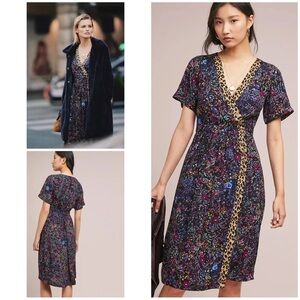 Anthropologie Maeve Morgan Black Floral Leopard Print Button Dress Size 4